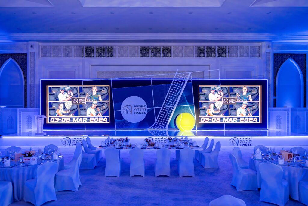 tennis-themed branded gala dinner stage design